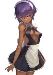  1girl announ_(kurotya) bangs bare_shoulders black_dress blush breasts center_opening dark-skinned_female dark_skin dress fate/prototype fate/prototype:_fragments_of_blue_and_silver fate_(series) frills glasses hassan_of_serenity_(fate) highres looking_at_viewer maid_headdress medium_breasts purple_hair short_hair sidelocks solo thighs violet_eyes 