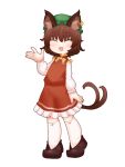  1girl :3 :d animal_ear_fluff animal_ears arm_at_side bangs blackbad bow bowtie brown_hair cat_ears cat_tail chen closed_eyes earrings eyebrows_visible_through_hair fang full_body gold_trim green_headwear hand_up happy hat highres jewelry kneehighs light_blush long_sleeves mob_cap multiple_tails nekomata puffy_long_sleeves puffy_sleeves red_skirt red_vest short_hair simple_background single_earring skirt smile solo standing tail touhou two_tails vest white_background white_legwear yellow_bow yellow_bowtie 