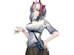  1girl ahoge alternate_costume antennae arknights black_skirt clothes_writing cowboy_shot demon_horns eugle_na eyebrows_visible_through_hair grey_hair hand_on_hip hand_up highres horns red_nails shirt short_hair simple_background skirt solo w_(arknights) white_background white_shirt yellow_eyes 