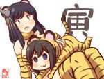  2girls :3 ahoge alternate_costume animal_costume animal_ears animal_print artist_logo black_hair blue_eyes breasts brown_hair chinese_zodiac collarbone commentary_request dated detached_sleeves eyebrows_visible_through_hair hair_ornament kanon_(kurogane_knights) kantai_collection large_breasts light_blush multiple_girls one-hour_drawing_challenge open_mouth red_eyes shigure_(kancolle) short_hair smile tail thigh-highs tiger_costume tiger_ears tiger_print tiger_tail yamashiro_(kancolle) year_of_the_tiger younger 