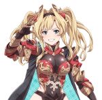  1girl armor blonde_hair blush breasts character_request copyright_request cowboy_shot eyebrows fuusuke_(fusuke208) granblue_fantasy hair_intakes highres large_breasts smile solo twitter_username two_side_up upper_body white_background zeta_(granblue_fantasy) 