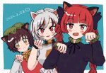  3girls :3 animal_ear_fluff animal_ears bell black_bow black_dress blue_background blush bow bowtie braid brown_hair cat cat_day cat_ears chen choker dated dotted_background dress earrings fang goutokuji_mike green_background green_dress green_headwear jewelry jingle_bell kaenbyou_rin multicolored_hair multiple_girls neck_bell open_mouth patch patchwork_clothes paw_pose red_dress red_eyes redhead sarujimarao short_hair simple_background single_earring sketch slit_pupils touhou twin_braids unmoving_pattern white_hair yellow_bow yellow_bowtie yellow_eyes 