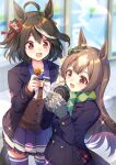  2girls :d ahoge animal_ears black_hair black_jacket blue_legwear blue_skirt blush brown_hair candy ear_ribbon food gloves green_ribbon green_scarf grey_gloves hair_ribbon holding holding_candy holding_food holding_lollipop horse_ears horse_girl jacket kitasan_black_(umamusume) lollipop long_hair long_sleeves multicolored_hair multiple_girls open_mouth pleated_skirt red_eyes red_ribbon ribbon satono_diamond_(umamusume) scarf school_uniform short_hair skirt smile streaked_hair takase_kou thigh-highs tracen_school_uniform umamusume white_hair zettai_ryouiki 