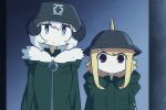  2girls blonde_hair blue_eyes chito_(shoujo_shuumatsu_ryokou) chito_(shoujo_shuumatsu_ryokou)_(cosplay) closed_mouth coat cosplay d-floe expressionless eyebrows_visible_through_hair green_coat head_fins long_hair looking_at_viewer multiple_girls original shark_girl short_hair shoujo_shuumatsu_ryokou smile violet_eyes yuuri_(shoujo_shuumatsu_ryokou) yuuri_(shoujo_shuumatsu_ryokou)_(cosplay) 
