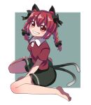  1girl alternate_costume animal_ear_fluff animal_ears barefoot between_legs black_bow black_skirt blush border bow braid breasts cat_ears cat_tail eyebrows_behind_hair full_body grin hair_between_eyes hair_bow hair_ribbon hand_between_legs highres kaenbyou_rin long_hair looking_at_viewer multiple_tails nekomata outside_border puffy_short_sleeves puffy_sleeves red_eyes red_shirt redhead renshirenji ribbon shirt short_sleeves sitting skirt small_breasts smile soles solo tail toes touhou tress_ribbon twin_braids twintails two_tails wariza white_border wing_collar 