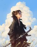  1girl bird bird_request black_bow blue_sky bow brown_hair closed_eyes clouds from_below from_side highres jewelry katana medium_hair necklace original sam_yang samurai sky solo sword upper_body weapon 