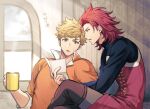  2boys :o bangs black_shirt blonde_hair brown_pants crossed_legs cup granblue_fantasy green_eyes high_collar holding holding_cup holding_letter letter male_focus multiple_boys ono_(0_no) orange_shirt pants percival_(granblue_fantasy) red_eyes red_shirt redhead shirt short_hair sitting translation_request two-tone_shirt vane_(granblue_fantasy) 