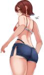  1girl ao_no_kiseki artist_name ass banned_artist bare_shoulders belko bikini blue_eyes blue_shorts breasts brown_hair cowboy_shot dated eiyuu_densetsu from_behind from_below hair_ornament hairclip hajimari_no_kiseki highres looking_at_viewer looking_back medium_breasts noel_seeker red_bikini short_hair short_shorts shorts solo striped striped_bikini swimsuit thighs zero_no_kiseki 