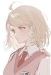  1girl ahoge akamatsu_kaede bangs blonde_hair breasts collared_shirt danganronpa_(series) danganronpa_v3:_killing_harmony from_side hair_ornament highres medium_breasts medium_hair musical_note_hair_ornament necktie nokoru_sora parted_lips pink_eyes pink_vest shirt simple_background sketch solo teeth upper_body vest white_background white_shirt 