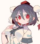  1girl black_hair black_ribbon breasts bright_pupils closed_mouth collared_shirt eyebrows_visible_through_hair hair_between_eyes hat massakasama medium_breasts pointy_ears pom_pom_(clothes) red_eyes ribbon shameimaru_aya shirt short_hair short_sleeves simple_background solo tokin_hat touhou upper_body white_background white_shirt 