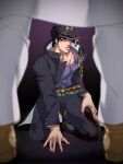  2boys black_hair blue_eyes chain dio_brando duplicate from_below gakuran hat heaven_ascended_dio highres jojo_no_kimyou_na_bouken jojo_no_kimyou_na_bouken:_eyes_of_heaven kneeling kujo_jotaro legs less_end long_coat male_focus multiple_boys pants pixel-perfect_duplicate pointy_footwear school_uniform stardust_crusaders white_pants 