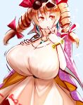  1girl breasts coat dod_(gesuto) dress drill_hair earrings eyewear_on_head high_collar highres huge_breasts jewelry light_brown_hair necklace orange_eyes pendant ribbon ring round_eyewear solo sunglasses touhou twin_drills white_dress yorigami_jo&#039;on 