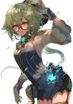  1girl absurdres animal_ears fox_ears fox_girl genshin_impact glasses gloves gradient_hair green_hair hat highres long_hair long_sleeves looking_to_the_side multicolored_hair pale_skin revealing_clothes short_shorts shorts sucrose_(genshin_impact) takena-c thigh-highs vision_(genshin_impact) white_background yellow_eyes 