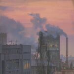  alzi_xiaomi bare_tree building city commentary dated english_commentary industrial no_humans original overcast radio_antenna scenery signature sky smoke sunset tree 