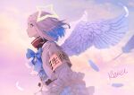  1girl amane_kanata angel_wings armband bangs black_shirt blue_bow blue_eyes blue_hair bow closed_mouth clouds cloudy_sky commentary_request day eyebrows_visible_through_hair feathered_wings feathers frilled_sleeves frills grey_hair grey_jacket hair_between_eyes hololive hoshizaki_reita jacket multicolored_hair outdoors shirt signature sky solo two-tone_hair white_feathers white_wings wings 