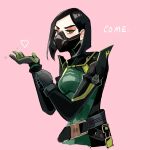  1girl animification black_hair blush bodysuit breasts eclipsingart frown gloves green_bodysuit green_eyes green_gloves hair_behind_ear heart highres looking_at_viewer mask pink_background poison respirator short_hair simple_background solo valorant viper_(valorant) 
