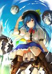 1girl absurdres bangs black_headwear blue_hair blue_skirt blue_sky boots bow bowtie brown_footwear center_frills closed_mouth eyebrows_visible_through_hair frilled_skirt frills from_below hand_on_headwear hat highres hinanawi_tenshi hira-san leaf long_hair looking_at_viewer outdoors puffy_short_sleeves puffy_sleeves rainbow_order red_bow red_bowtie red_eyes rock rope shide shimenawa shirt short_sleeves sitting skirt sky smile touhou white_shirt