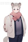  1boy animal_ears backpack bag blush brown_eyes commentary fluffy hands_in_pockets korean_commentary layered_clothing looking_at_viewer male_focus mongz necktie plump scarf tail thick_eyebrows watermark winter_uniform 
