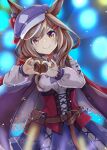  1girl akisome_hatsuka animal_ears belt belt_pouch blurry blurry_background blush brown_hair commentary_request hair_ornament hairclip hat heart heart_hands horse_girl jacket looking_at_viewer matikane_tannhauser_(umamusume) medium_hair pouch solo stage umamusume yellow_eyes 