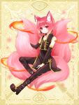  1girl animal_ear_fluff animal_ears bangs bare_shoulders between_legs black_dress black_footwear black_pants black_sleeves boots closed_mouth copyright_request detached_sleeves dress eyebrows_visible_through_hair fire fox_ears fox_girl fox_tail full_body hand_between_legs high_heel_boots high_heels kitsune long_sleeves pants red_eyes redhead shikito sleeveless sleeveless_dress solo standing tail 