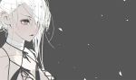  1girl bandages closed_mouth collarbone d.k hair_over_one_eye kaine_(nier) nier nier_(series) short_hair_with_long_locks silver_hair simple_background solo violet_eyes 