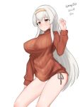  1girl absurdres bikini brown_eyes cowboy_shot cropped_legs hairband highres kantai_collection long_hair maru_(marg0613) red_sweater ribbed_sweater shoukaku_(kancolle) side-tie_bikini simple_background solo sweater swimsuit two-tone_hairband white_background white_hair 