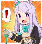  ! 1girl ^^^ animal_ears armband bangs black_jacket blue_bow blue_ribbon bow commentary_request cupcake drink ear_ribbon emphasis_lines eyebrows_visible_through_hair food food_on_face highres holding holding_food horse_ears jacket long_hair looking_at_viewer mejiro_mcqueen_(umamusume) open_mouth pouring purple_hair ribbon solo spoken_exclamation_mark sweat swept_bangs takiki umamusume upper_body v-shaped_eyebrows violet_eyes 