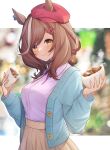  1girl absurdres alternate_costume baozi blurry blurry_background blush breasts brown_hair casual commentary_request food hair_ornament hairclip hat highres horse_girl isana615 looking_at_viewer matikane_tannhauser_(umamusume) medium_breasts medium_hair smile umamusume yellow_eyes 
