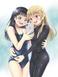  2girls akebi-chan_no_serafuku akebi_komichi black_hair black_wetsuit blonde_hair blue_eyes blue_swimsuit cellphone competition_school_swimsuit cowboy_shot highres kizaki_erika long_hair monta multiple_girls phone school_swimsuit smile swimsuit violet_eyes 