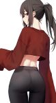  1girl ass back bangs black_eyes black_hair closed_mouth cowboy_shot crop_top eyebrows_visible_through_hair from_behind gnns highres leggings light_blush long_hair looking_back ponytail red_shirt shirt sidelocks simple_background sleeves_past_wrists solo tied_hair white_background 