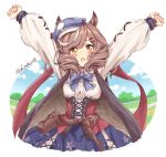  1girl arm_up bangs belt belt_pouch blue_bow blue_bowtie blue_headwear blue_skirt blush bow bowtie brown_coat brown_hair buttons cabbie_hat center_frills coat collared_shirt corset curly_hair ears_through_headwear frills fuusuke_(fusuke208) hair_ornament hairclip hat highres long_hair long_sleeves looking_at_viewer matikane_tannhauser_(umamusume) multicolored_hair open_mouth outstretched_arms pouch puffy_short_sleeves puffy_sleeves shirt short_sleeves skirt sleeveless_coat solo streaked_hair stretch twitter_username umamusume upper_body white_shirt yellow_eyes 