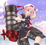  1girl absurdres beret black_serafuku black_skirt blue_hair blue_sky clouds commentary_request cowboy_shot flower gradient_hair hair_flower hair_ornament harusame_(kancolle) hat highres kantai_collection koutetunamekuji machinery multicolored_hair pink_hair pleated_skirt red_eyes ribbon sailor_collar school_uniform serafuku side_ponytail skirt sky smokestack solo torpedo_launcher white_headwear white_sailor_collar 