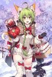  1girl ahoge animal_ear_fluff animal_ears bangs basket black_gloves blush bow bowtie braid braided_ponytail brown_cape cape cat_ears cat_girl cat_tail chain_chronicle eyebrows_visible_through_hair fangs forest fur_trim gloves green_hair hair_between_eyes hair_bow heart highres lince_(chain_chronicle) long_hair looking_at_viewer nardack nature open_mouth outdoors red_bow red_bowtie ribbed_sweater side_ponytail slit_pupils smile snow snowflakes snowing solo standing sweater tail tail_bow tail_ornament tail_raised thigh-highs very_long_hair white_legwear white_sweater yellow_eyes 