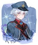  1boy chain formal grey_eyes hat korean_text kuzuvine latale looking_at_viewer male_focus pale_skin psykicker_(latale) smile solo suit translation_request white_hair 