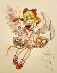  1girl angel_wings blonde_hair bow dress feathered_wings full_body gengetsu_(touhou) hair_bow highres key747h long_sleeves lotus_land_story painting_(medium) puffy_sleeves red_bow ribbon shoes short_hair skirt smile solo touhou touhou_(pc-98) traditional_media vest watercolor_(medium) wings yellow_eyes 