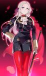  1girl amanekuu cape closed_mouth commentary edelgard_von_hresvelg eyelashes fire_emblem fire_emblem:_three_houses garreg_mach_monastery_uniform gloves hair_ribbon hand_on_hip highres holding holding_weapon long_hair long_sleeves pantyhose petals purple_ribbon red_cape red_legwear ribbon simple_background solo violet_eyes weapon white_gloves 