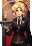  1girl bangs blonde_hair fate/apocrypha fate/grand_order fate_(series) formal glasses gloves green_eyes hair_intakes hair_ornament hankuri jacket long_hair looking_at_viewer mordred_(fate) mordred_(fate/apocrypha) mordred_(formal_dress)_(fate) necktie ponytail red_scrunchie scrunchie shirt solo suit white_gloves white_shirt 