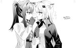  2girls animal_ear_fluff animal_ears arknights bangs breasts chihuri cigarette_kiss collared_shirt dress_shirt ear_piercing eye_contact eyebrows_visible_through_hair gloves greyscale hair_between_eyes hair_ornament hairclip highres jacket lappland_(arknights) long_hair long_sleeves looking_at_another medium_breasts monochrome multiple_girls necktie necktie_grab neckwear_grab open_clothes open_jacket piercing ponytail profile scar scar_across_eye shirt simple_background texas_(arknights) translation_request very_long_hair white_background 