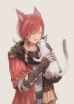 1boy animal animal_ears bangs black_scarf braid braided_ponytail cat cat_ears closed_eyes facial_mark final_fantasy final_fantasy_xiv from_side g&#039;raha_tia grey_background highres holding holding_animal holding_cat jewelry low_ponytail male_focus miqo&#039;te neck_tattoo omori_hakumai open_mouth pendant redhead scarf short_ponytail simple_background smile solo swept_bangs tattoo upper_body vambraces 