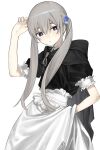  1girl apron black_cape black_dress blue_eyes blush cape collared_dress dress frilled_sash frilled_sleeves frills frown grey_hair hand_in_pocket hand_on_head highres long_hair maid maid_apron original sash short_sleeves simple_background solo twintails white_background xxxsoiu1 