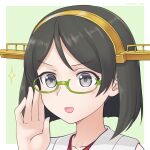  1girl black_hair blush border collarbone cypress eyebrows_visible_through_hair glasses green-framed_eyewear grey_eyes hairband headgear japanese_clothes kantai_collection kirishima_(kancolle) kirishima_kai_ni_(kancolle) nontraditional_miko open_mouth portrait semi-rimless_eyewear short_hair smile solo sparkle twitter_username white_border 