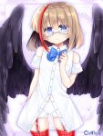  1girl bangs bare_shoulders black_wings blue_bow blue_eyes blush bow brown_hair chain_paradox character_request closed_mouth collared_shirt copyright_name diagonal_stripes dress_shirt eyebrows_visible_through_hair feathered_wings garter_straps grey-framed_eyewear hair_between_eyes looking_at_viewer low_wings multicolored_hair red_legwear redhead semi-rimless_eyewear shikito shirt short_shorts short_sleeves shorts sleeveless sleeveless_shirt solo streaked_hair striped striped_background thigh-highs under-rim_eyewear white_shirt white_shorts wings 