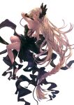  1girl absurdres bangs bare_shoulders black_dress blonde_hair braid breasts dark-skinned_female dark_skin dress granblue_fantasy helel_ben_shalem highres leon_v long_hair looking_at_viewer looking_back pacifier red_eyes solo stirrup_legwear toeless_legwear very_long_hair white_background 