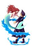  1boy 1girl ariel_(disney) blue_eyes boots brown_hair coat crown_(symbol) floating hallsth-eien hat highres kingdom_hearts kingdom_hearts_iii looking_at_another mermaid monster_girl official_alternate_costume pirate_hat redhead shell shell_bikini smile sora_(kingdom_hearts) standing the_little_mermaid 