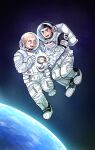  2boys :d absurdres black_eyes black_hair brothers brown_eyes brown_hair character_name facial_hair highres keroko_(keroooon) multiple_boys nanba_hibito nanba_mutta outdoors planet siblings smile space space_helmet spacesuit stubble thick_eyebrows uchuu_kyoudai ufo 