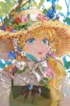  1girl animal animal_on_head aruhi_ohimesama_ni_natteshimatta_ken_ni_tsuite athanasia_de_alger_obelia bangs bird bird_on_head blonde_hair blue_bird blue_eyes blurry chin_strap day depth_of_field dress flower gem hat hat_flower hat_ribbon highres juanone88 korean_commentary long_hair looking_away looking_to_the_side on_head parted_lips pinafore_dress pink_flower plaid plaid_ribbon portrait red_flower red_rose ribbon rose straw_hat sun_hat white_flower white_ribbon 