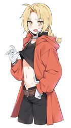  1boy ahoge bangs belt black_pants blonde_hair blush braid brown_belt clothes_lift coat cropped_legs edward_elric fang fullmetal_alchemist gaeguribanchan gloves highres hood hood_down long_hair long_sleeves looking_at_viewer male_focus midriff navel open_mouth pants red_coat shirt shirt_lift simple_background single_braid skin_fang solo white_background white_gloves yellow_eyes 