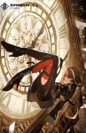  1girl ass black_legwear boots brown_hair clock clock_tower earrings green_eyes high_heel_boots high_heels highres jewelry kuronoiparoma looking_at_viewer multicolored_hair original solo thigh-highs thigh_boots tower white_hair 