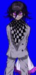  1boy arms_behind_back bangs blue_background bouquet buttons checkered_clothes checkered_scarf cowboy_shot danganronpa_(series) danganronpa_v3:_killing_harmony grey_jacket grey_pants hair_between_eyes highres holding holding_bouquet jacket joh_pierrot long_sleeves looking_at_viewer male_focus multicolored_hair ouma_kokichi pants pink_eyes scarf short_hair signature simple_background smile solo two-tone_hair 