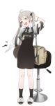  1girl :d @_@ absurdres ahoge apron arm_up bag bangs black_legwear blush eyebrows_visible_through_hair fang full_body green_eyes grey_hair hair_ornament highres holding holding_tray long_hair looking_to_the_side open_mouth original shoes short_sleeves side_ponytail sidelocks smile socks solo standing tonki tray twintails waitress white_background white_footwear 